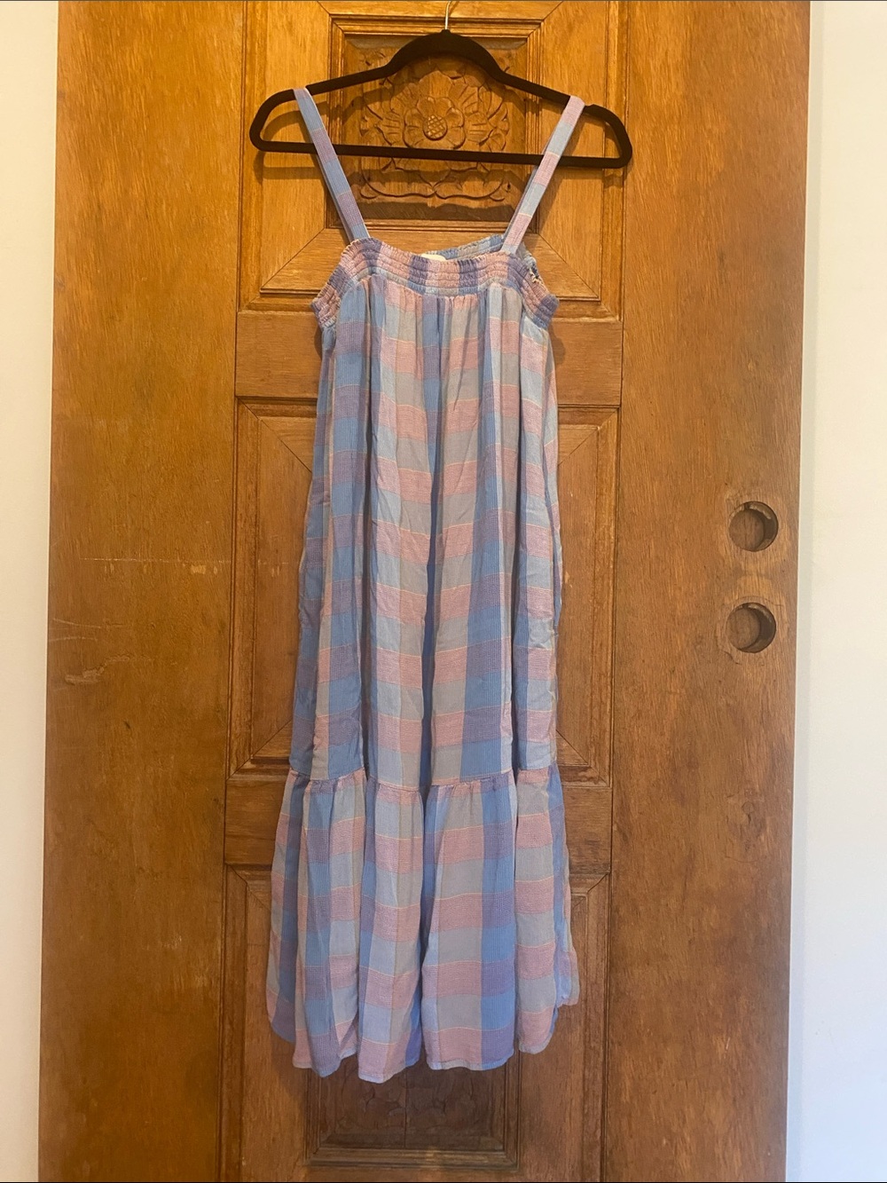 Ann Taylor loft plaid check midi rayon dress blue purple smocked elastic pockets